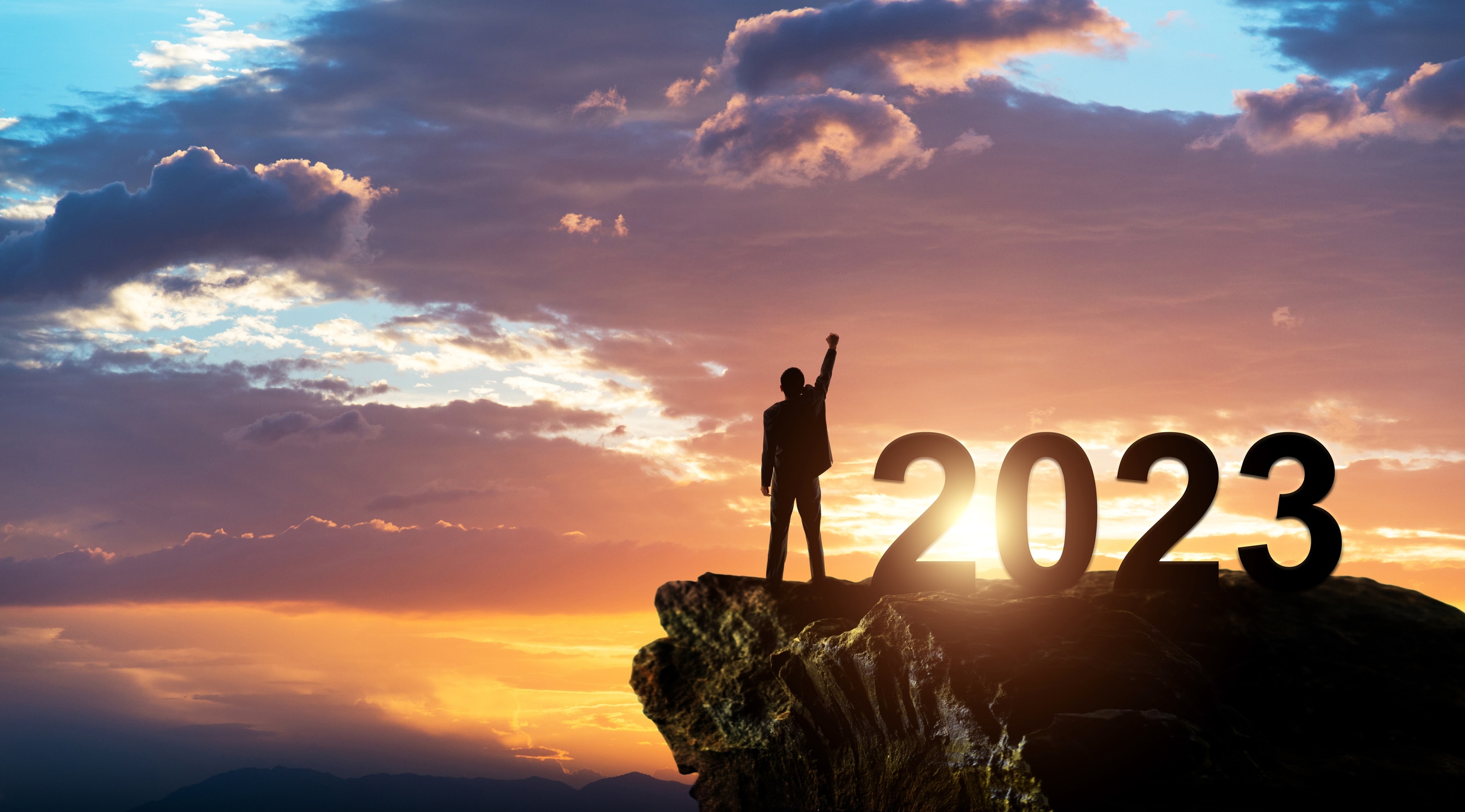 man standing at the top of a mountain after achieving 2023 goals